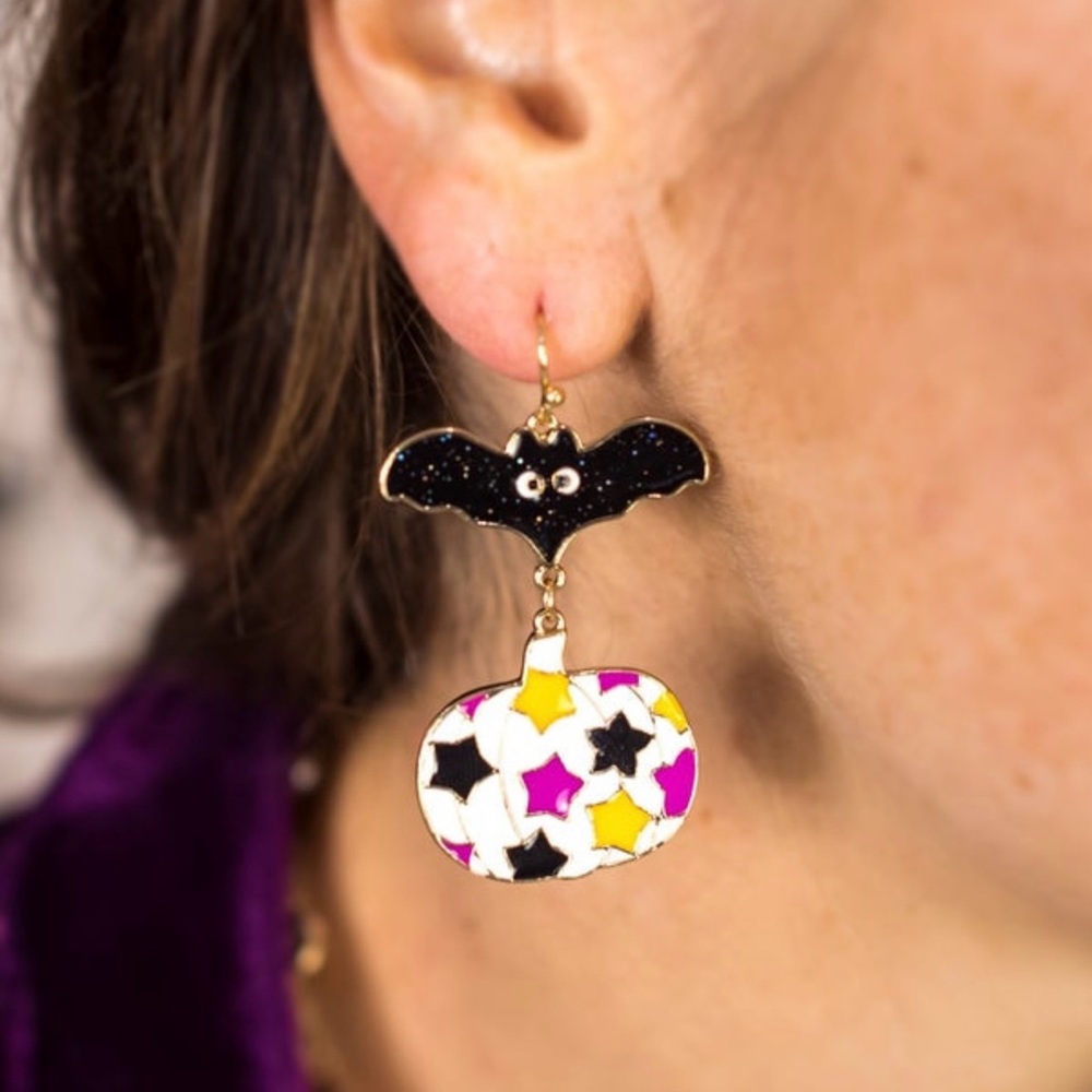 NEW Black Bat Pumpkin Dangle Earrings